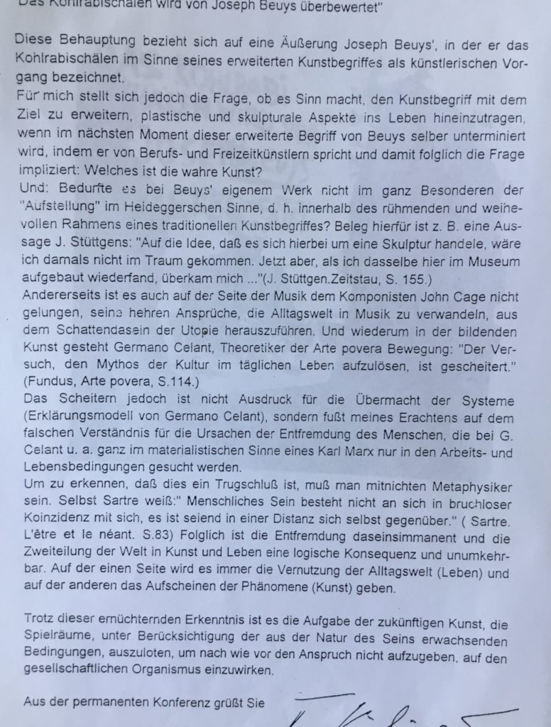 Text und Konzept der Performance „das Kohlrabischälen wird von Joseph Beuys überbewertet“